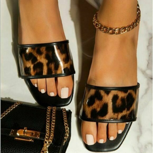 Leopard Shoes - NIB Animal Print Flats SLIDES SIZE 7 Black Sandals